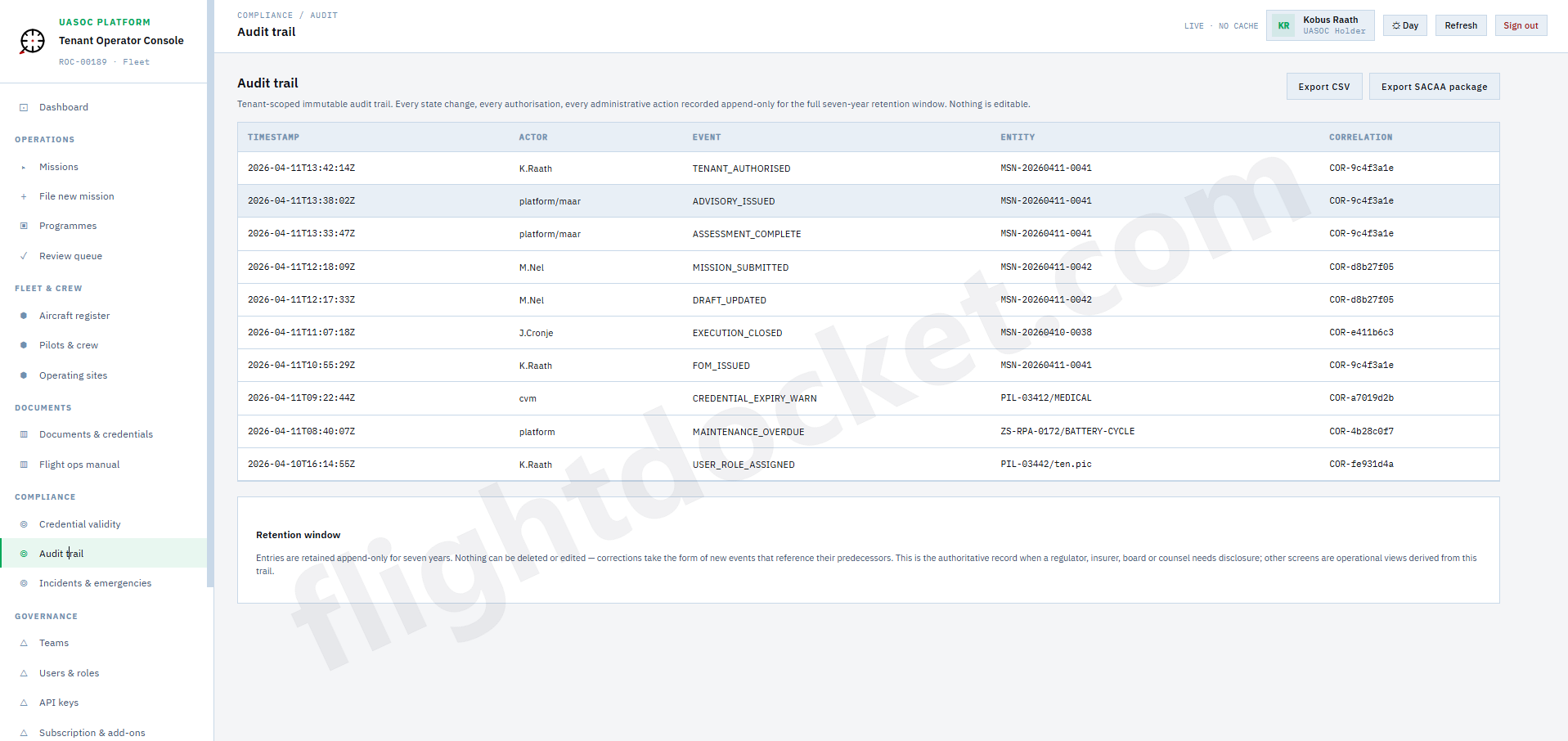 Audit trail table showing append-only events with timestamps, actors, event types, and checksums.