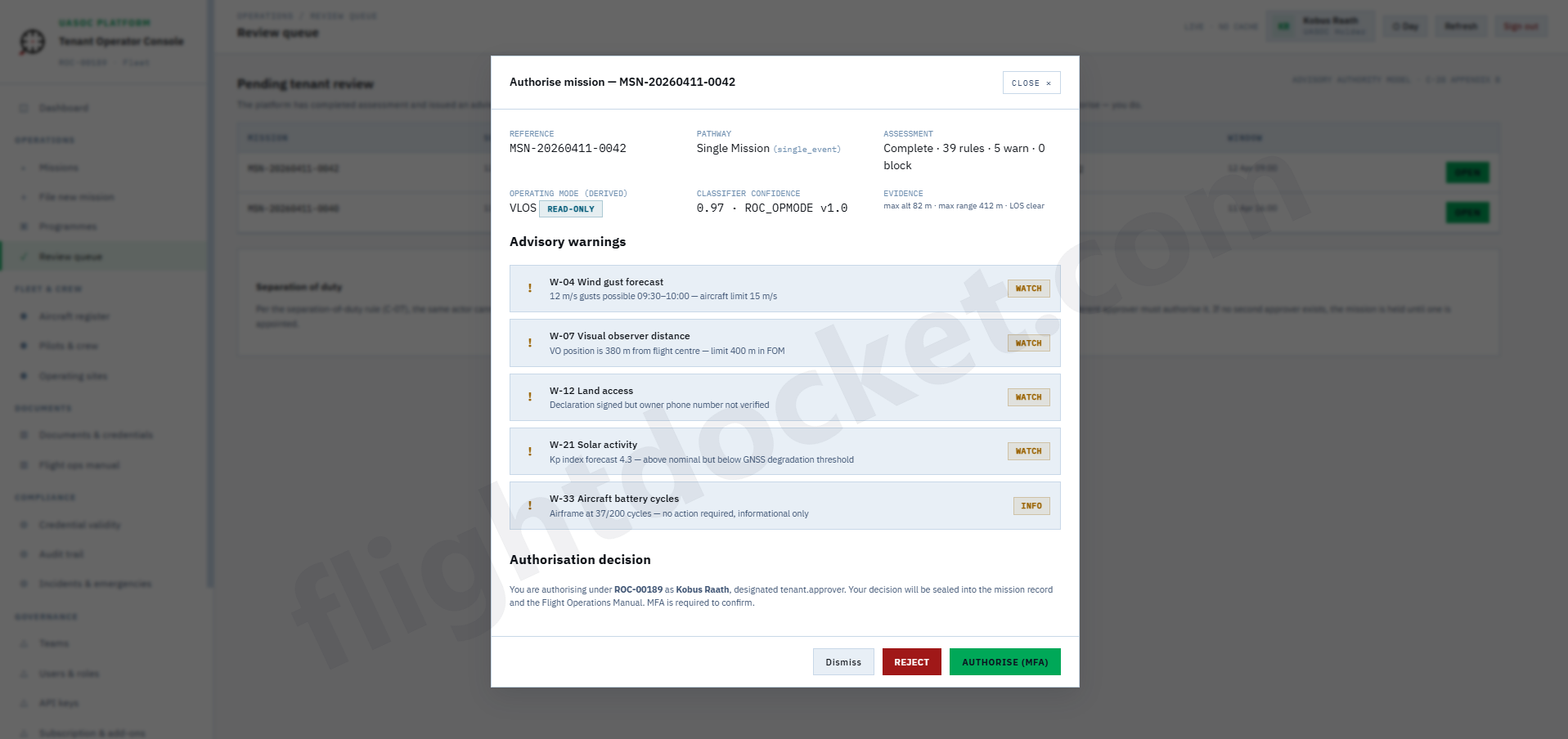 Mission review modal showing advisory warnings on the left and an Authorise (MFA) decision panel on the right.